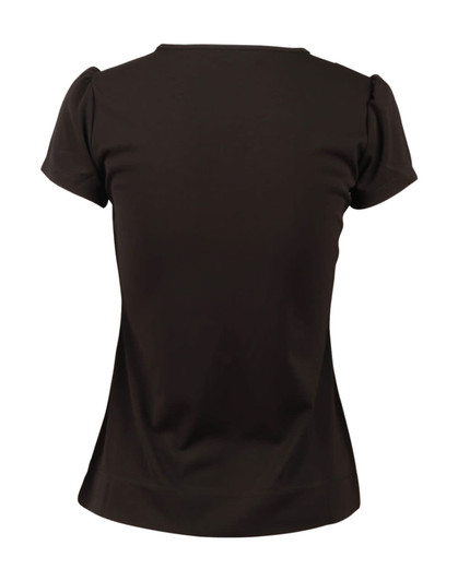 A black women's blouse with ruffle front detail and short sleeves, featuring a fitted silhouette from the back.