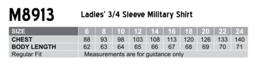 A chart displaying sizes and measurements for a women's 3/4 sleeve military shirt, featuring various sizes.