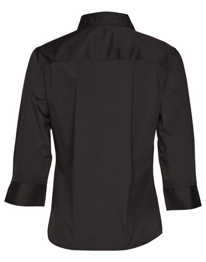 A black women's 3/4 sleeve military shirt with a collared neckline and back yoke detail.