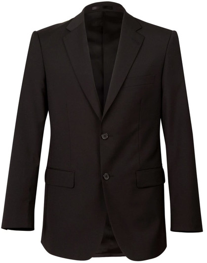 A black wool stretch blazer featuring two buttons and side pockets, with a sleek and tailored design.