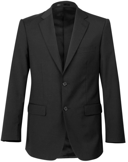 A black wool stretch jacket featuring two buttons and a classic blazer style, including a logo on the interior.