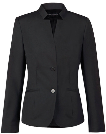 A black wool blend stretch reverse lapel jacket with two buttons and side pockets, featuring a brand logo.