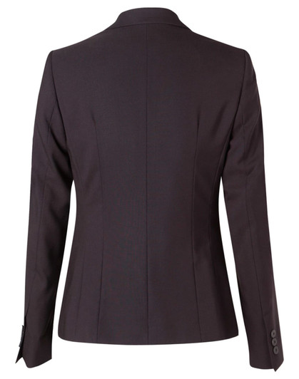 A black women's cropped jacket with a one-button closure and tailored fit, featuring a back view with subtle detailing.