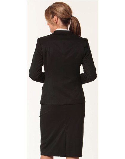 A black women's one-button cropped jacket made from poly/viscose stretch, featuring a tailored fit.