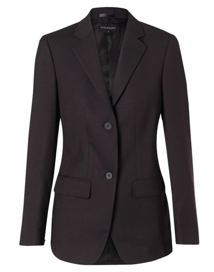 A black mid-length women's jacket with two buttons and a tailored design, featuring pockets and a single vent.