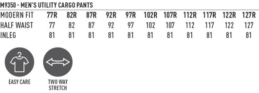 A table displaying sizing information for men's utility cargo pants, featuring modern fit and two-way stretch details.