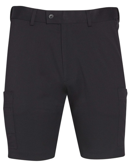 Black men's utility cargo shorts featuring side pockets and a button closure, with a logo on the waistband.