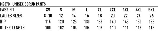 A chart displaying size measurements for unisex scrub pants, including dimensions for hip and outer length in various sizes.