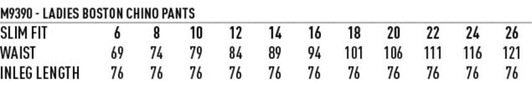 A size chart for Ladies' Boston Chino Pants, displaying measurements for slim fit, waist, and inseam length in centimetres.