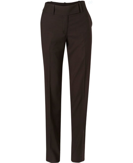 Women's low rise pants in dark brown poly/viscose stretch fabric, featuring a sleek design and a branded tag.