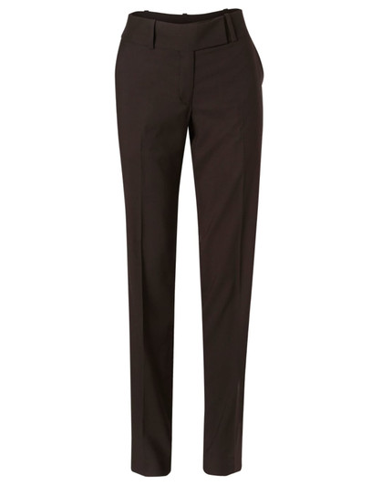 Women's low rise pants in dark brown poly/viscose stretch fabric, featuring a sleek design and a branded tag.