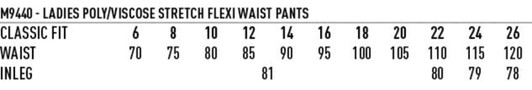 A table displaying size measurements for women's Poly/Viscose stretch flex waist utility pants in various sizes.