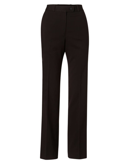 Black women's Flexi Waist Utility Pants in a poly/viscose stretch fabric, featuring a button closure and straight leg design.