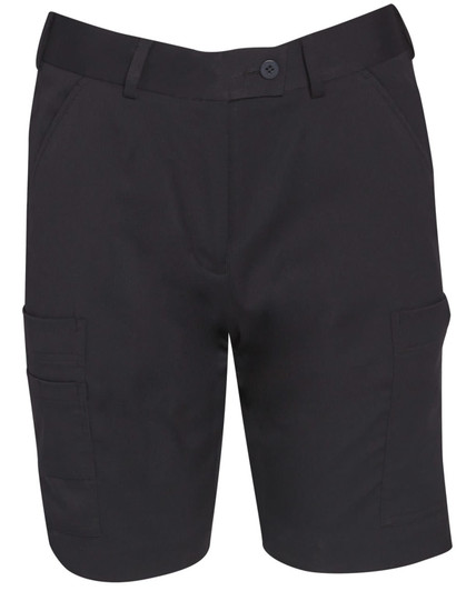 Black ladies' utility cargo shorts featuring multiple pockets and a button closure, with a branding logo.