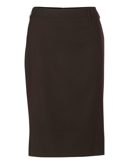 A mid-length pencil skirt in dark brown, made from poly/viscose stretch fabric, featuring a simple design and waistband.