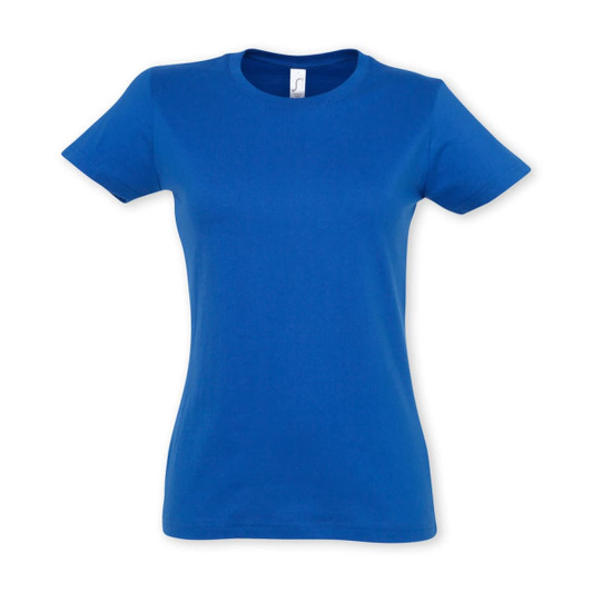 A blue women's t-shirt with a fitted design and a label inside. It features a logo on the front.