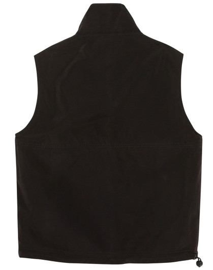 A unisex reversible vest in black, featuring a collar and a smooth finish, with a logo present.