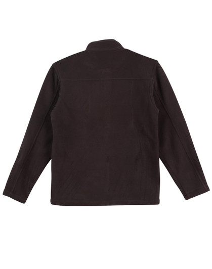 A brown polar fleece jacket featuring a full zip and long sleeves, with a collar and a logo.