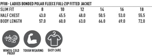 Polar fleece jacket in various sizes, featuring wind and cold proof properties, tough wearing, and easy care design.