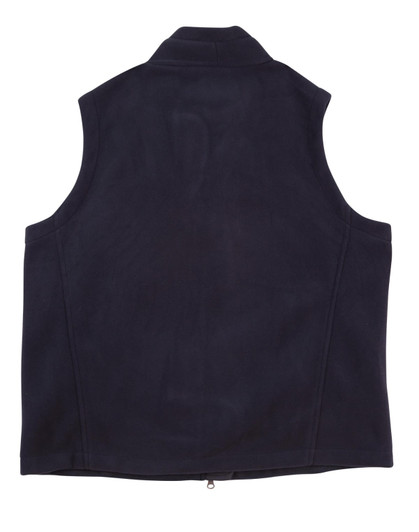 A navy blue Diamond Fleece Vest for men with a collar and no sleeves, featuring a branding logo.