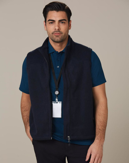 A navy diamond fleece vest for men, featuring a zip front, pockets, and a branded logo.