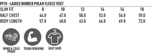 A bonded polar fleece vest in various sizes, featuring a logo. Available in multiple colours.