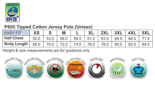 A chart displaying size specifications for the Macquarie Polo Unisex shirt in various sizes, featuring a logo.
