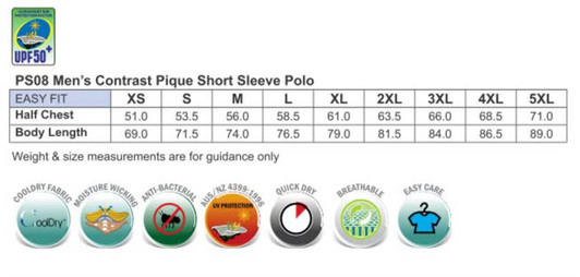 A chart displaying size measurements for the Men's Liberty Polo, featuring various sizes and specifications.