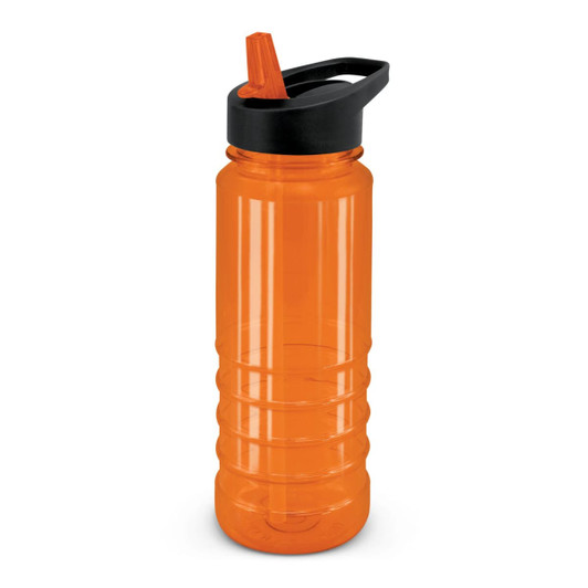 A drink bottle featuring a vibrant orange body and a black lid with a built-in straw.
