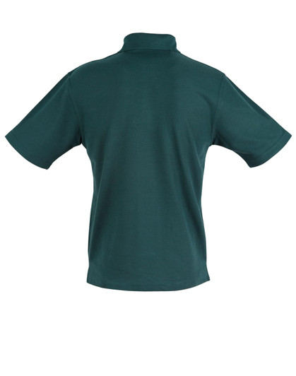 A dark green children's traditional polo shirt featuring a classic collar and short sleeves, with a logo on the chest.