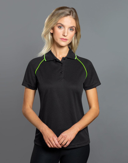 A black ladies polo shirt with green accents, featuring a collar and buttons, and a logo.