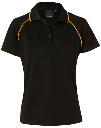 A black polo shirt with orange accents and a logo on the chest. Short sleeves and a classic collar design.