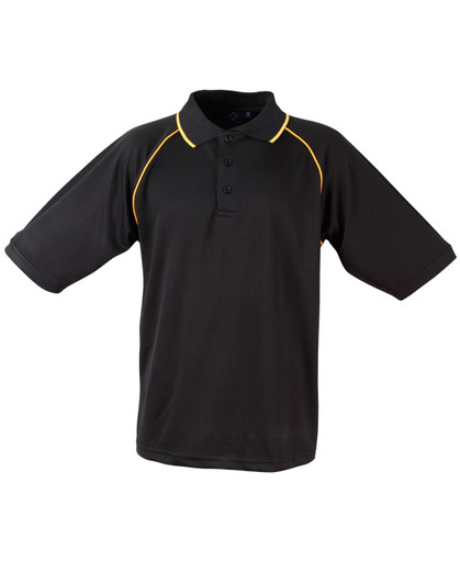 A black polo shirt with yellow detailing and a collar, featuring a logo on the chest area.