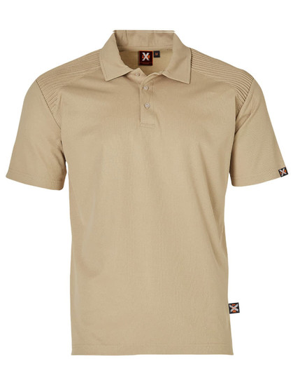 A beige short-sleeved polo shirt with a collar and a logo on the sleeve.