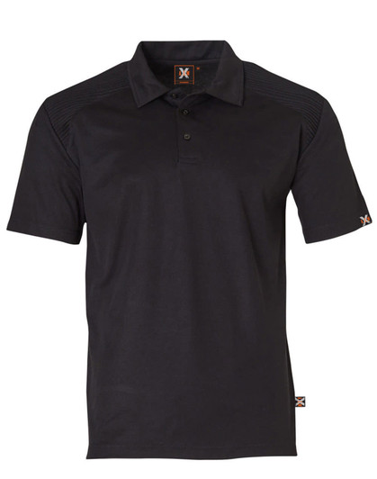 A black short-sleeve polo shirt featuring a logo and textured shoulder detail. Suitable for workwear.