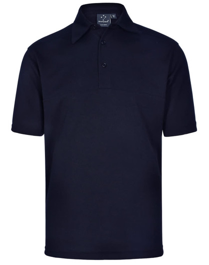 A dark navy men's polo shirt with a collar and short sleeves, featuring buttons and a logo.