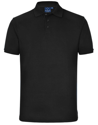 A black polo shirt with a collared neck and buttoned placket, featuring a small logo on the upper side.