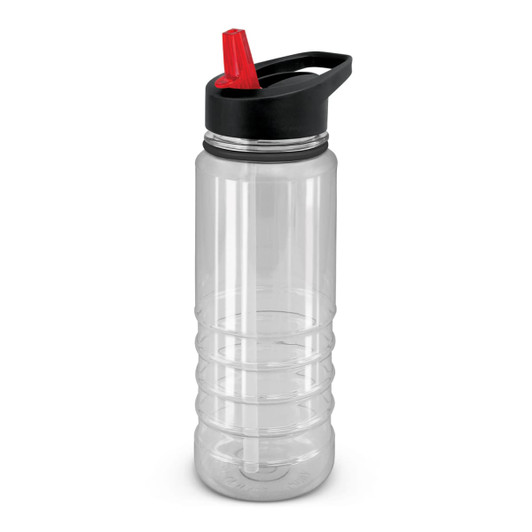 A drink bottle featuring a clear body with black accents and a red spout. It includes a logo on the surface.