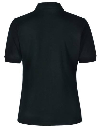 A black polo shirt featuring a collar and short sleeves, with a logo on the back.
