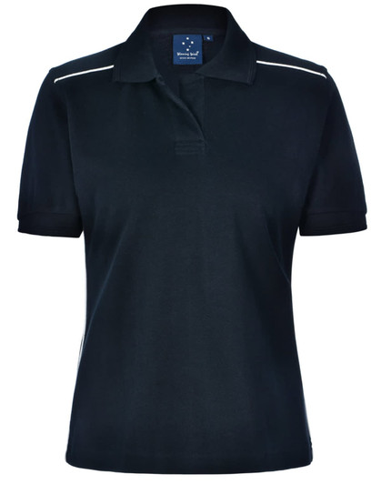 A black ladies' polo shirt with short sleeves, featuring a collar and a logo.