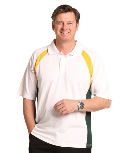 A men's tri-sport polo in white with yellow and green accents, featuring a logo on the chest.