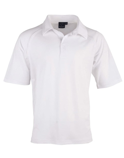 A white men's cricket polo shirt featuring a collared neck and short sleeves, with a logo on the chest.