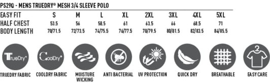 A men's 3/4 sleeve cricket polo in mesh material, featuring a logo and available in various colours.