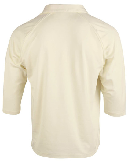 A cream-coloured men's 3/4 sleeve cricket polo shirt with a back view and a logo on the side.