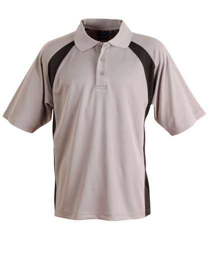 A grey and black men's polo shirt with short sleeves and a collar. It features a logo on the front.