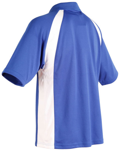 A blue men's polo shirt with white side panels and a collar, featuring a logo on the chest area.