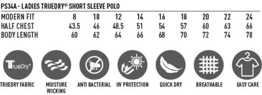 A promotional image of a women's polo shirt in various sizes with features such as anti-bacterial and moisture-wicking properties.