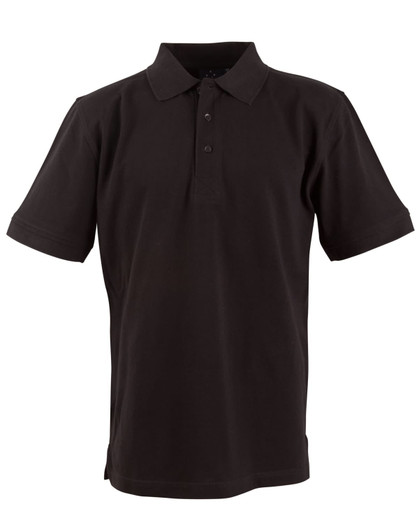 Men's polo shirt in black with a collared neckline and short sleeves. Features a logo on the chest.
