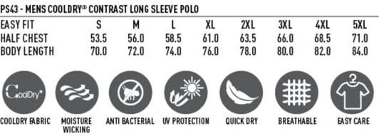 Men's Cooldry raglan long sleeve polo in various sizes, featuring a logo and made with breathable, moisture-wicking fabric.