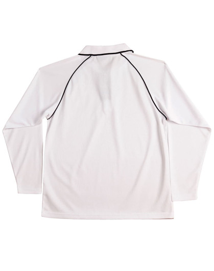 A long-sleeve polo shirt in white with contrasting black piping and a logo on the back.